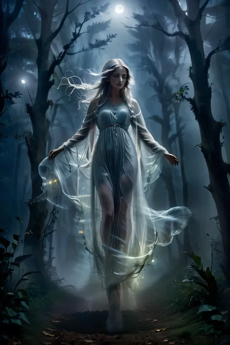 (masterpiece), (8k), (best quality), (sublime), a Ghost, haunting, ethereal, fey, a celestial organism, liminal, death, alive again, wispy, transparent, sentient, pale, arms up, feminine, body stretched elongated bending and poised, silvery smoke, wispy st...