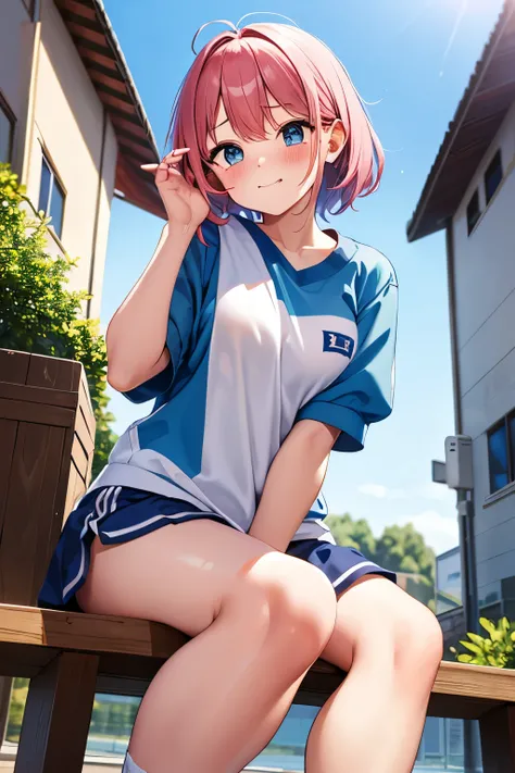 1 bashful girl、pink medium hair wiping the tide、 elementary school student、Clear Face、I'm dyeing my cheeks a little red、Schoolyard、gym sitting、White short-sleeved gym clothes、dark blue bloomers、red sneakers、 clear sky、image viewed from an oblique front、smo...