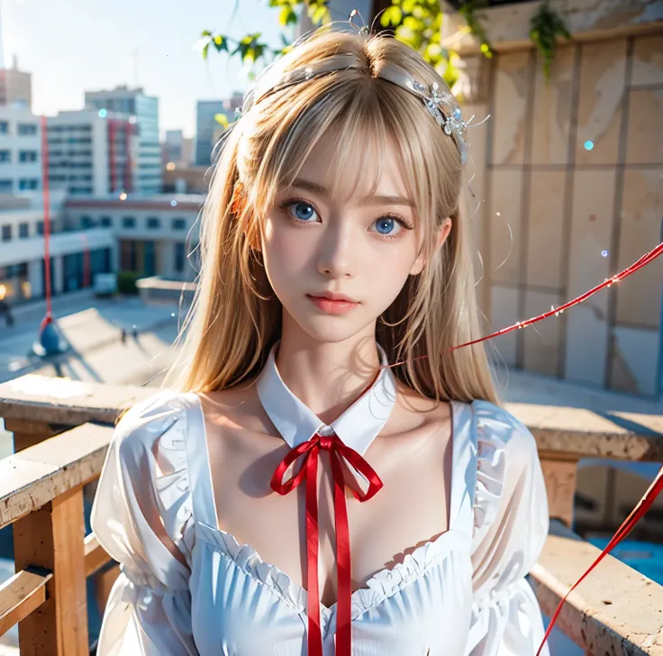 8K quality, pictures, Two beautiful men and beautiful women, Beautiful like a goddess, people are hazy at the Great Library, above chest shot at the ruins, (White blouse with red thin string ribbon tie:1.2), (Fine silver glasses), (Sparkling, beautiful lig...
