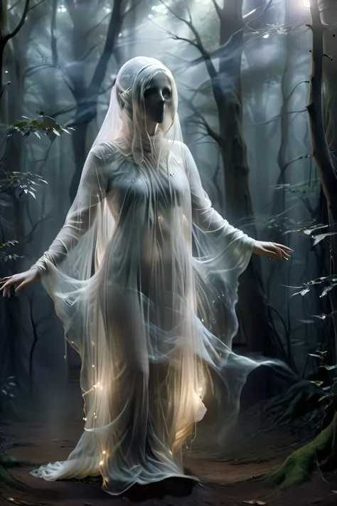 (masterpiece), (8k), (best quality), (sublime), a Ghost, haunting, ethereal, fey, a celestial organism, liminal, death, alive again, wispy, transparent, sentient, pale, blank face, black inside hood, arms up, feminine, body stretched elongated bending and ...
