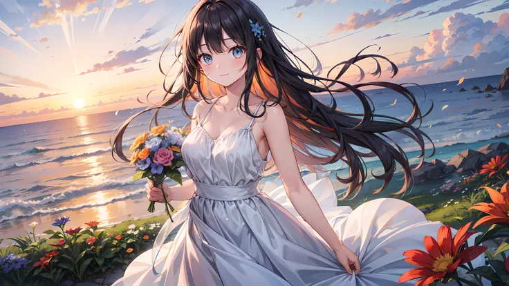 A detailed young woman stands on the edge of a serene, detailed cliff overlooking a vast, sparkling ocean at sunset. She’s wearing a detailed light blue flowy dress that sways gently in the cool breeze, the fabric flowing with exquisite detail, catching th...