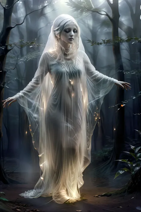 (masterpiece), (8k), (best quality), (sublime), a Ghost, haunting, ethereal, fey, a celestial organism, liminal, death, alive again, wispy, transparent, sentient, pale, blank face, black inside hood, arms up, feminine, body stretched elongated bending and ...