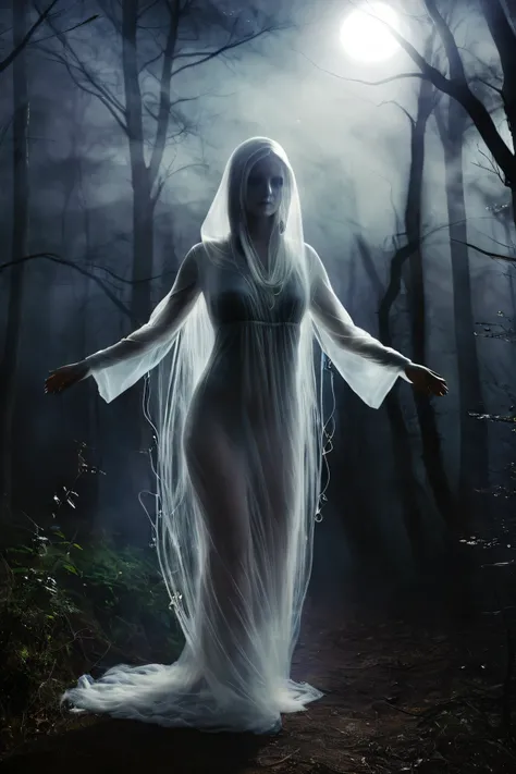 (masterpiece), (8k), (best quality), (sublime), a Ghost, haunting, ethereal, fey, a celestial organism, liminal, death, alive again, wispy, transparent, sentient, pale, blank face, black inside hood, arms up, feminine, body stretched elongated bending and ...
