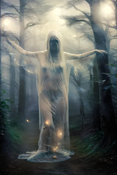 (masterpiece), (8k), (best quality), (sublime), a Ghost, haunting, ethereal, fey, a celestial organism, liminal, death, alive again, wispy, transparent, sentient, pale, blank face, black inside hood, arms up, feminine, body stretched elongated bending and ...