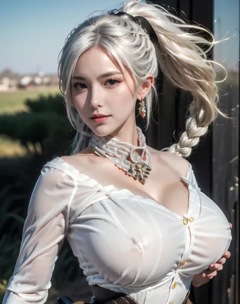 Camael cowboy,
masterpiece,(best quality),highly detailed,photorealistic,1girl,solo,accessories, Camael_Cowboy outfit,outdoor,white hair,cowboy scarf,plains, This woman has a modern cowboy look, long earrings, and a stylish outfit. posing riding a horse on...