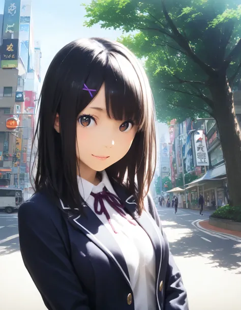1girl, re:zero kara hajimeru isekai seikatsu, year 2016, upper body, Shibuya, street tree, school uniform, blazer, masterpiece, high score, great score, absurdres, 16k, super detail