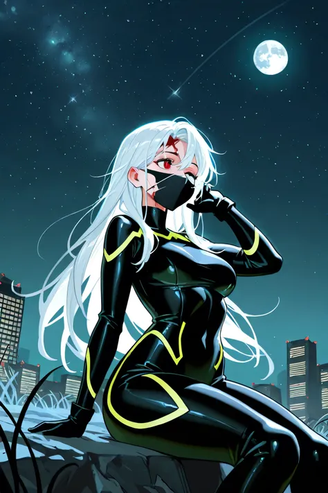 1girl, red eye, Eye closed, Scar on the face, Wounds on the face, White hair, Long hair,Mouth mask, Hips, Medium breasts, Curvilinear,black bodysuit, black gloves,Green lines, Shiny hair, Sitting, Looking at the sky, night sky, Stars, Moon, Plains, City in...