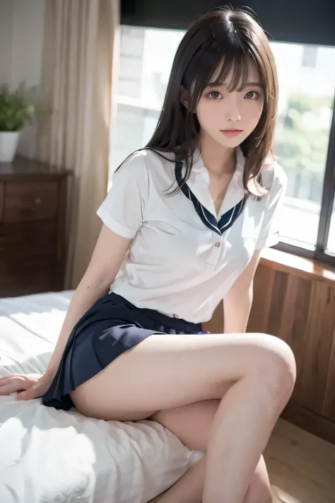  realistic,Japanese Young Women,wearing a high school uniform,Wore a short dark blue skirt,seductive smile,sitting with legs spread out,(pure white panties:1.2),classroom,high contrast,slim figure,moisturized bare skin,masterpiece,ultra-detailed,photoreali...