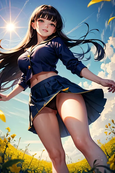 masterpiece, high quality, female, (thirties),(elegant), natural beauty,(((blunt bangs)))),(((navy blue))),(black long hair),(tits),SMILE,Rotating,Meadows of rape blossoms, sun,(((strong winds))),Blue blouse, yellow skirt,(panty shot),(((Photo taken from b...