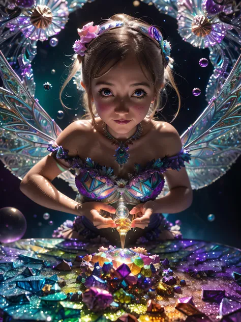 closeup zoom,(macro:1) photo,cute fairy plays on,(mandelbulb fractals:4) thousand shards of colorful glass candy on an opalescent countertop,condensation,effervescent,detailed,intricate,key light,backlight,fill light,three-point lighting, nebulae bubbles, ...