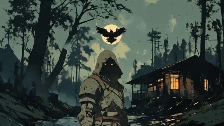 A lone young warrior in a tattered dark green hooded cloak, standing in a battle-worn stance. His face is partially shadowed, revealing intense, piercing eyes and a ruthless, determined expression. His cloak billows slightly in an unseen wind, and his batt...