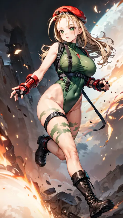 masterpiece、 high image quality、cammy white, long hair, blonde hair,  antenna hair, beret , (red headwear:1.3), large breasts, (green leotard、harness belt), sleeveless, red gloves, fingerless gloves,  camouflage、black long boots