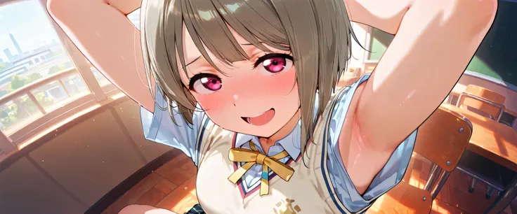 nakasu kasumi, asymmetrical hair, short hair, small breasts, single sidelock,
short sleeves, sweater vest, summer uniform, nijigasaki academy school_uniform,
,BREAK, armpit, arms over head, focus on armpit,
smile, ,scorn,open mouth, (cheerful),looking dow...