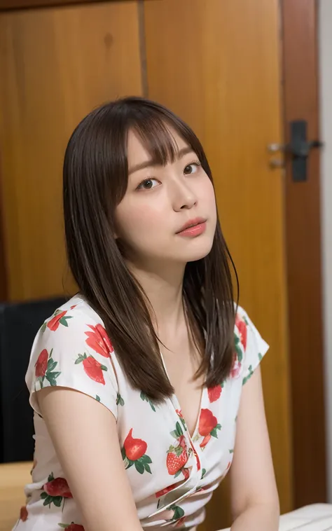 , masterpiece、 Thor combat pose with strawberry print 、 Ultra-fine、 exists、 (( Beautiful wife:1.6)), Floral light shirt 、 cleaning the living room, high resolution face 、 detailed faces、Detailed flat chest、 small breasts、 swoll...