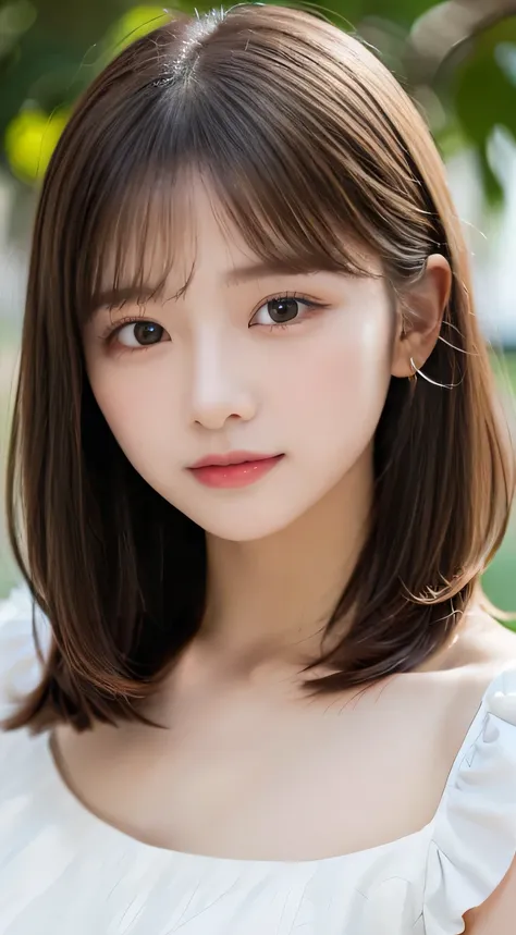 (beautiful girl、cute face、stares at viewers:1.3)、top quality,8K image、 perfect double eyelids、happy、natural color makeup、Moist lips、white skin、(straight hair、medium hair、straight hair, Strongly Blurred White Background 、camisole、 frill、 frill、summer:1.3),