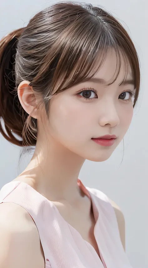 (beautiful girl、cute face、stares at viewers:1.3)、top quality,8K image、 perfect double eyelids、happy、natural color makeup、Moist lips、white skin、(low ponytail、 Strongly Blurred White Background 、pink blouse、 frill、sleeveless:1.3),summer