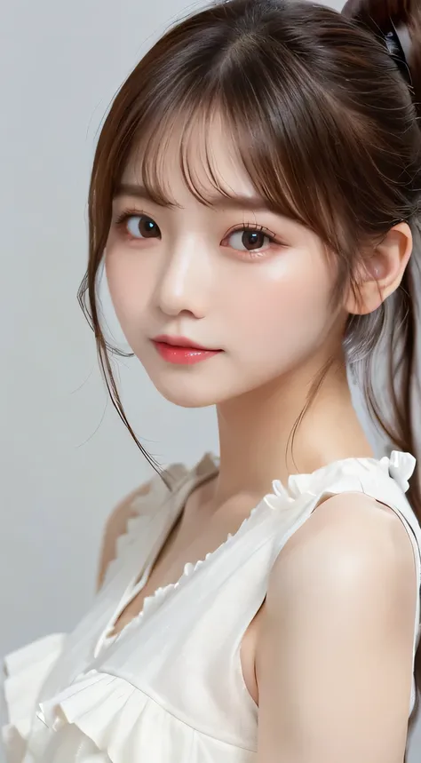 (beautiful girl、cute face、stares at viewers:1.3)、top quality,8K image、 perfect double eyelids、happy、natural color makeup、Moist lips、white skin、(low ponytail、 Strongly Blurred White Background 、camisole、 frill、sleeveless:1.3),summer