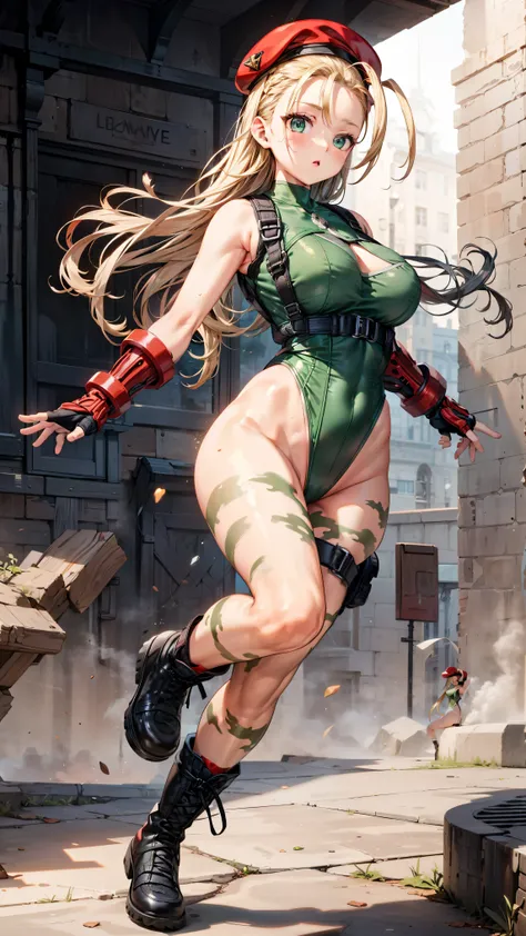 masterpiece、 high image quality、cammy white, long hair, blonde hair,  antenna hair, beret , (red headwear:1.3), large breasts, (green leotard、harness belt), sleeveless, red gloves, fingerless gloves,  camouflage、black long boots