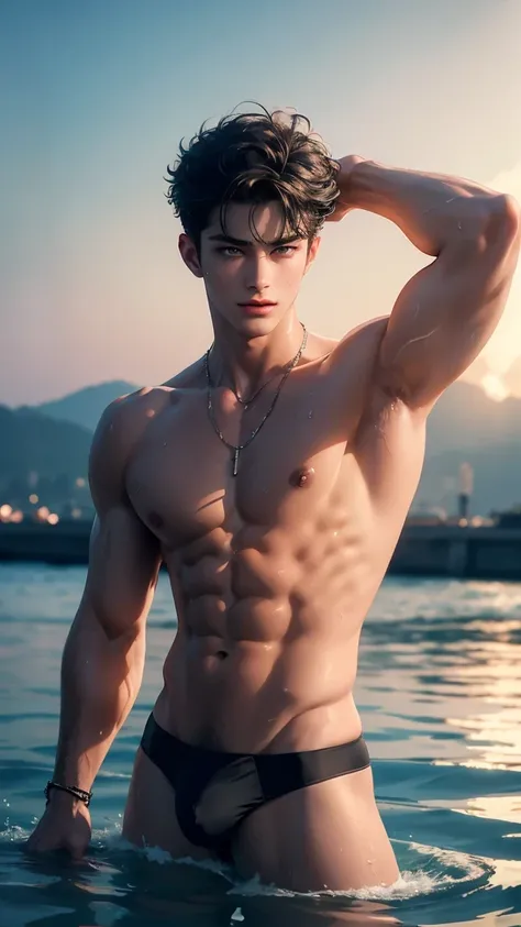 ((masterpiece:1.2, Best quality)), 4k, adult, European face, 1 person, male, mature, masculine, Beautiful, very tall, Muscles, broad shoulders, White skin, medium black hair, Blue eyes, portrait, sunset, Outdoor, sunny day, Boy in the crowded water festiva...