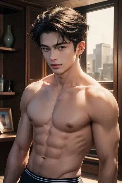 ((masterpiece:1.2, Best quality)), 4k, adult, European face, 1 person, male, mature, masculine, Beautiful, very tall, Muscles, broad shoulders, sexy underwear wear, White skin, medium black hair, Blue eyes, portrait, sunset, Real life skin, Real-Photograph...