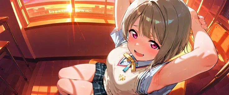 nakasu kasumi, asymmetrical hair, short hair, small breasts, single sidelock,
short sleeves, sweater vest, summer uniform, nijigasaki academy school_uniform,
,BREAK, armpit, arms over head, focus on armpit,
smile, ,scorn,open mouth, (cheerful),looking dow...