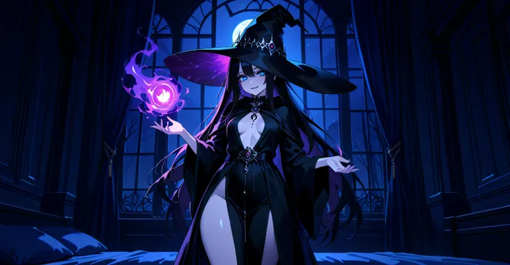 1girl, sublime black hair, flowing hair pale skin, bright blue eyes, enormous black ruffled witch hat, stygian ruffled robes, onyx painted plump lips, tenebrous wand in her hands, dark bed, obscure room, full moon outside of a window, cute, pretty, small b...