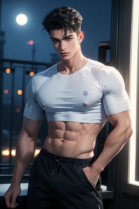 ((masterpiece:1.2, Best quality)), 4k, adult, European face, 1 person, male, mature, masculine, Beautiful, very tall, Muscles, broad shoulders, sexy casual wear, White skin, medium black hair, Blue eyes, portrait, sunset, 34 emo swimmer guy with black hair...