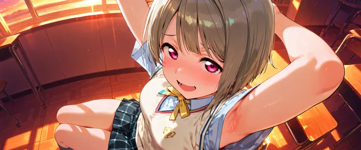 nakasu kasumi, asymmetrical hair, short hair, small breasts, single sidelock,
short sleeves, sweater vest, summer uniform, nijigasaki academy school_uniform,
,BREAK, armpit, arms over head, focus on armpit,
smile, ,scorn,open mouth, (cheerful),looking dow...