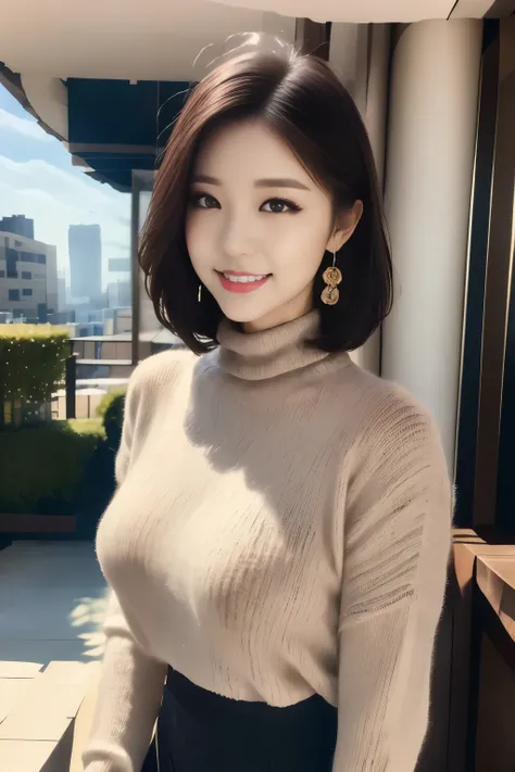 city, building, plant ,smile,  mixed Korean ,blur the background , concentrated, cinematic lighting,
(((masterpiece))), ((best quality)), (( intricate details )), ((surreal)),  absurd red, Mature Woman, mature women, perspective, Elaborate, illustration fo...