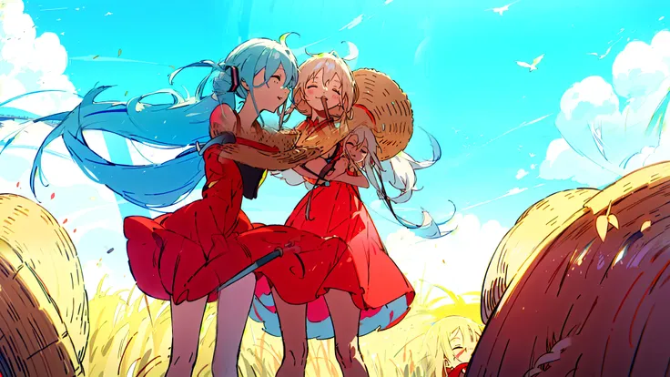 (masterpiece, top quality),Hatsune Miku and IA,2 people, straw hat、straw hatを被っている, Red Dress, , piece in front、 and closes my eyes、My mouth is laughing、The background is summer、is facing forward、