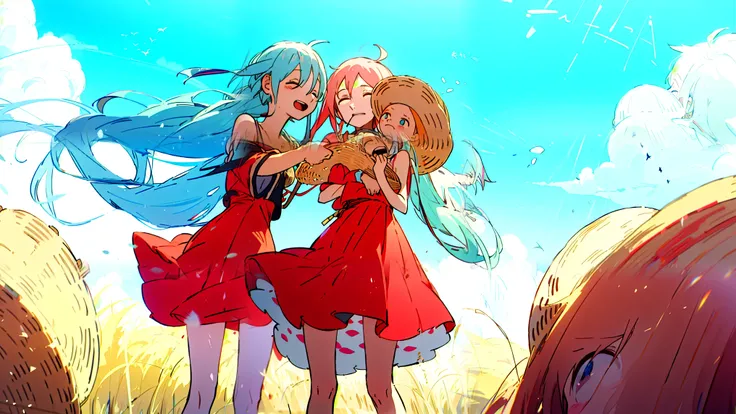(masterpiece, top quality),Hatsune Miku and IA,2 people, straw hat、straw hatを被っている, Red Dress, , piece in front、 and closes my eyes、My mouth is laughing、The background is summer、is facing forward、