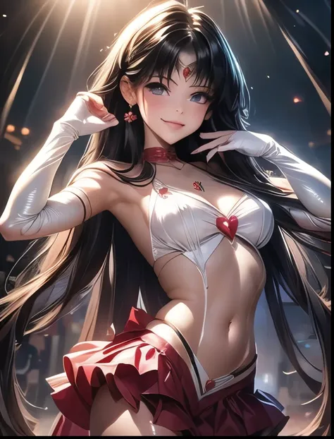 （（（ＳＦＷ、Highest quality、 first class masterpiece 、 normal body of a real person 、8k、  detailed faces 、super precise、   real color 、５refer to、Highest）））、Sailor Mars、sailorMoon、 black hair、long hair、Magic Girl、pretty girl、 can be used、masochist、 Navel Exposur...