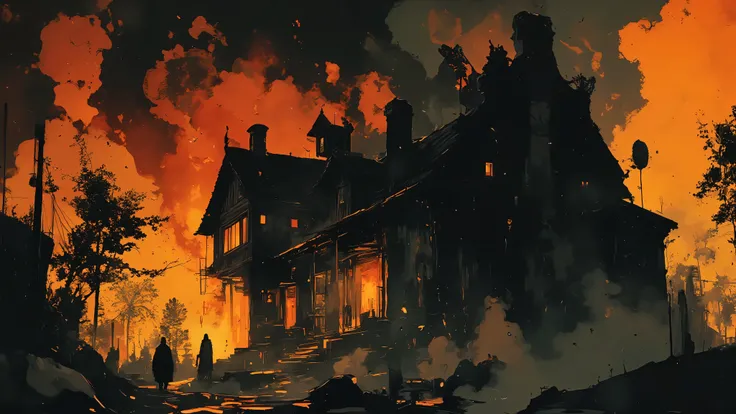 Burning medieval house, fire illuminating the night sky, thick smoke rising, mysterious cloaked figures lurking in the shadows, a covered in soot, eyes wide with terror, cinematic lighting, dramatic storytelling, ultra-detailed, dark fantasy atmosphere