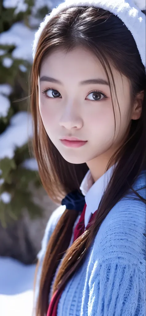 close-up of people standing in uniform in the snow, girls in uniform, JK uniform , Dilraba Dilmurat, gorgeous Chinese model, All over the body, Chen Xintong, works that influenced Chen Yifei , Only snow in the background, Li Zixin, Girl of the Alps, Ya...