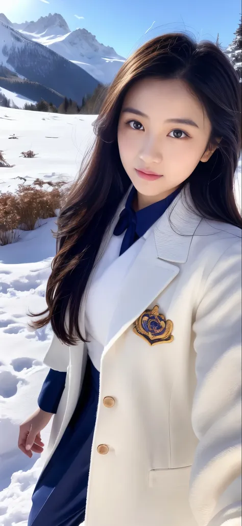 close-up of people standing in uniform in the snow, girls in uniform, JK uniform , Dilraba Dilmurat, gorgeous Chinese model, All over the body, Chen Xintong, works that influenced Chen Yifei , Only snow in the background, Li Zixin, Girl of the Alps, Ya...