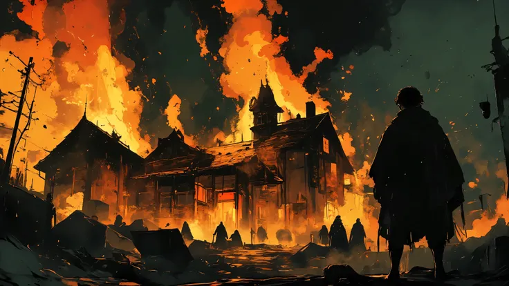"A massive medieval manor consumed by roaring flames, the inferno casting a blinding orange glow against the dark night sky. Towering pillars of fire devour the wooden structure, causing beams to collapse with deafening cracks, sending embers swirling into...