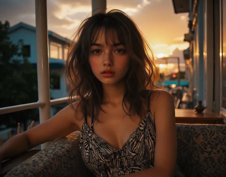 (suburban setting background seeing  houses and shops from the veranda)Beautiful amber skies (Large and prominent perky breasts showing décolletage and cleavage with a bit of tan lines) Flash photography, gyaru, Aesthetically pleasing cinematic composition...