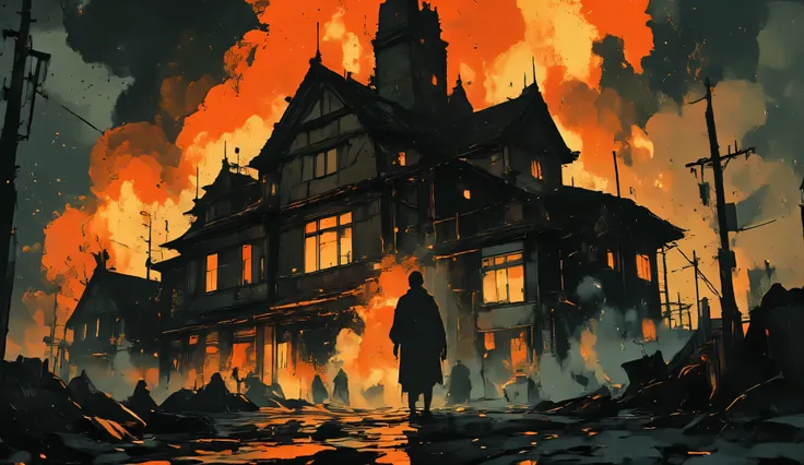 A massive medieval manor consumed by roaring flames, the inferno casting a blinding orange glow against the dark night sky. Towering pillars of fire devour the wooden structure, causing beams to collapse with deafening cracks, sending embers swirling into ...