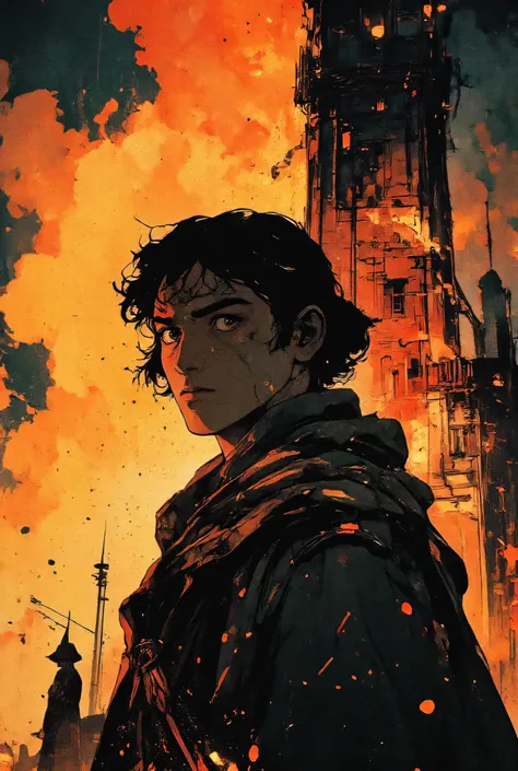 *"A boy stands frozen in terror, his face illuminated by the raging fire consuming the towering medieval house behind him. His wide, fearful eyes reflect the inferno, the flickering flames dancing within his pupils. His expression is a mix of shock, helpl...