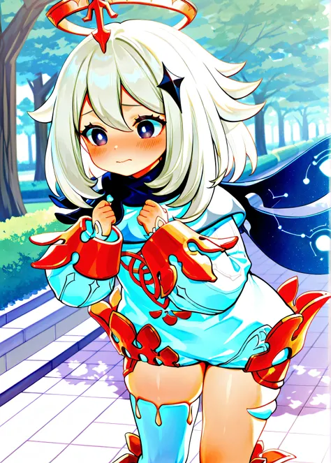 8k wallpaper,Masterpiece,  high quality, high quality, very aesthetic, absurd, latest, Masterpiece, high detail, Paimon_(Genshin_Impact), paimon halo, silver hair, paimon outfit, thick thighs, single thigh highs, embarrassing face, blushing, park area