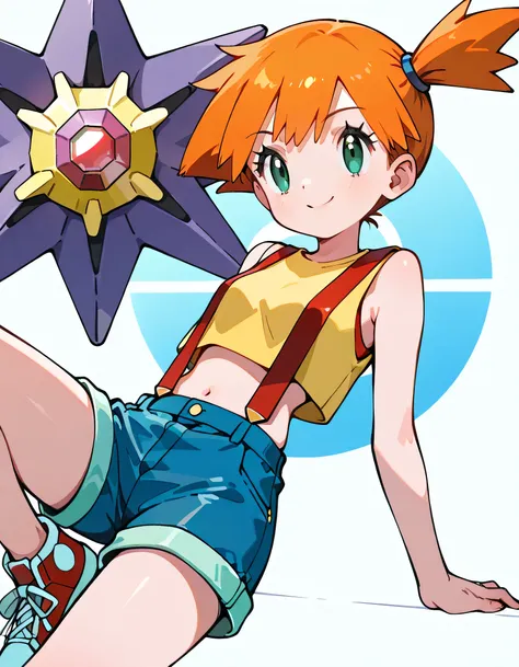 front view,dynamic cute upperbody pose,leaning back,misty(pokemon) ,1girl,cute smile, Mit, green eyes, orange hair, bangs, side ponytail, hair tie, short hair
,yellow shirt, sleeveless, midriff, red suspenders, blue shorts, red sneakers with starmie(pokemo...