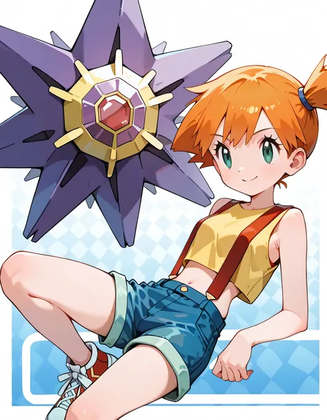 front view,dynamic cute upperbody pose,leaning back,misty(pokemon) ,1girl,cute smile, Mit, green eyes, orange hair, bangs, side ponytail, hair tie, short hair
,yellow shirt, sleeveless, midriff, red suspenders, blue shorts, red sneakers with starmie(pokemo...