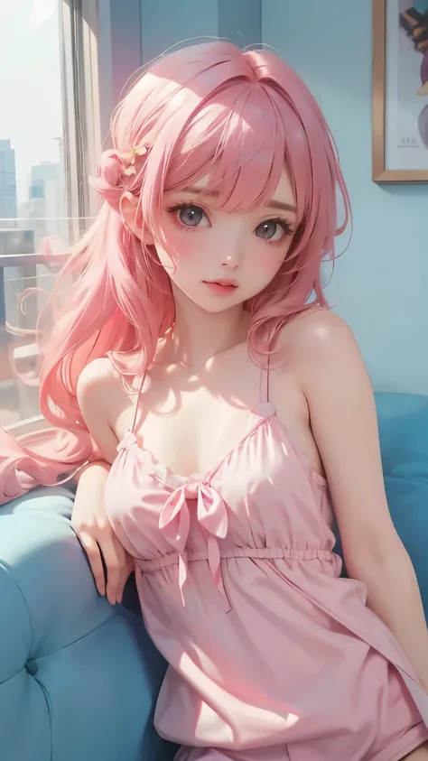 perfect quality, 、8K quality、masterpiece、Best Quality、 Light Blue and Pink Color Scheme , Sexy Girl , Tiny Body ,slim,White Curls , Colorful Colored Sling Tank Top