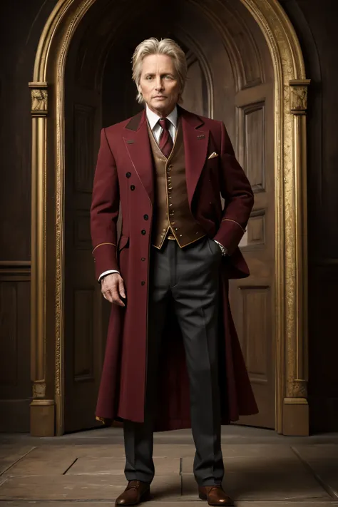 handsome Michael Douglas, dressed as a wizard from Harry Potter, short brown hair combed back, full body, UHD, retina, masterpiece, accurate, anatomically correct, textured skin, super detail, high details, high quality, award winning, best quality, highre...