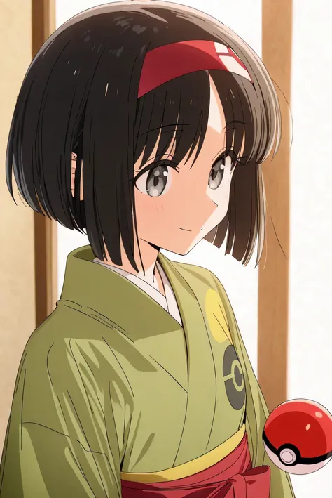 Erika_(pokemon), 1girl, solo, alternate_hairstyle, bob_cut, short_hair, black_hair, parted_bangs, hairband, red_hairband, grey_eyes, eyelashes, kimono, green_kimono, hakama, red_hakama, poke_ball_print, smile, happy, full_body, beautiful_detailed_eyes, por...