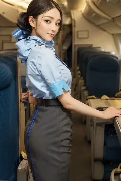 (masterpiece:1.2, top quality:1.2), 32kHDR, high image quality 。 perfect for loosely aligning your legs , (alone、 1 girl)、( daytime building rooftop 、 Professional Writing )、 Facing roof of building 、( wear a blue ANA flight attendant uniform 、 real...