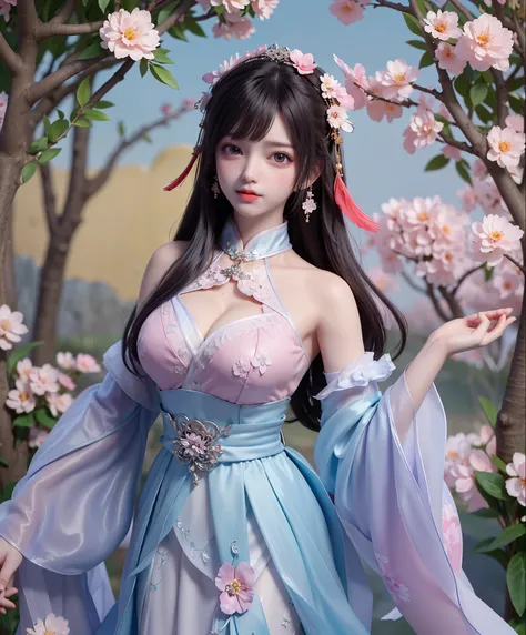 (8k, RAW photo:1.2), best quality, ultra high res,dramatic angle,(fluttered detailed color splashs), (illustration),(((1 girl))),(long hair),(rain:0.9), (Headdress:1.4),There is an ancient palace beside the girl,Hanfu,(Key Points),Color ink painting,(Splas...