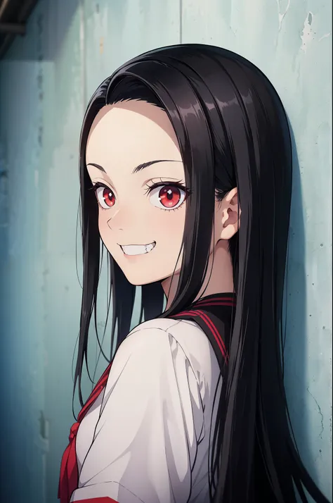 (masterpiece, best quality:1.2), kimetsu no yaiba style, kiyomi, (1girl, solo), 18years old, (upper body, portrait), (face close-up, face focus), (behind back, looking back), (black long hair, straight hair), red eyes, (evil smile, grin:1.2), (serafuku, sa...