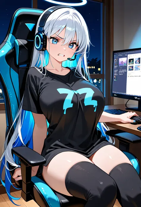 anime female having extremely long silver hair with blue dyed bangs in dark room playing behind the computer, silver dyed blue eyes, black clothes, home clothes, highly detailed, masterpiece, smooth, very high over knee socks or stocking, night, dark, sitt...