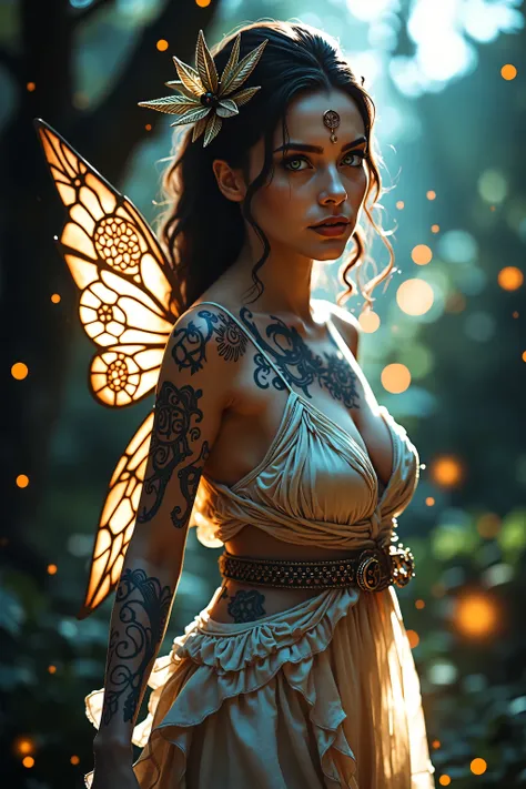 photorealism, image from the side, take 2/3, Mythological woman, fantasy setting, Mystical runes and auras, fit body, medium breasts , Heavily tattooed with arcane symbols, green eyes, suggestive look, delicate silk tipped dress, fairy wings